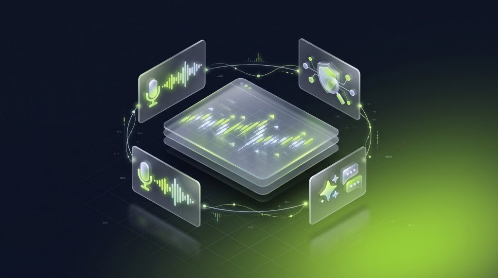 Nybble One Engine illustration: a trading dashboard connected to a voice assistant, trade surveillance and AI chat panels